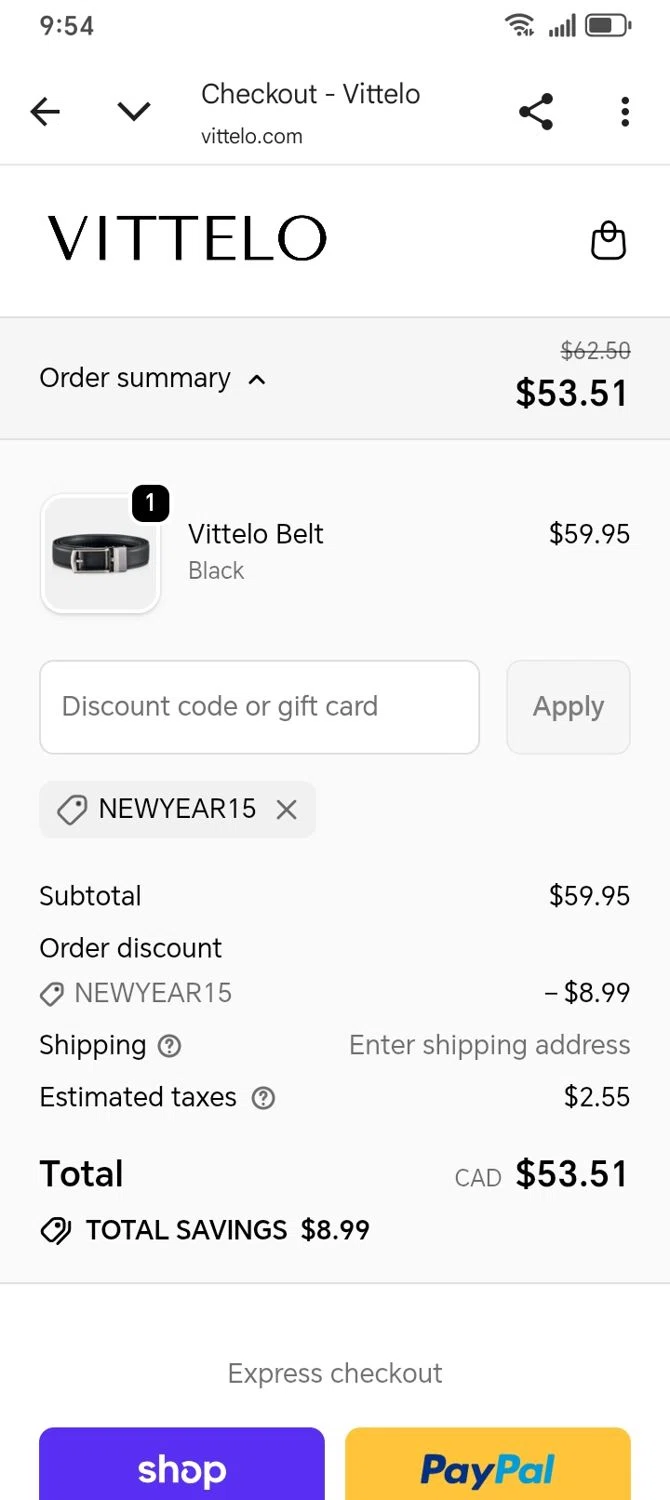 Vittelo promo code screenshot showing code NEWYEAR15 applied at Vittelo checkout page. Uploaded by SimplyCodes community member franksanchez on Jan 14, 2026