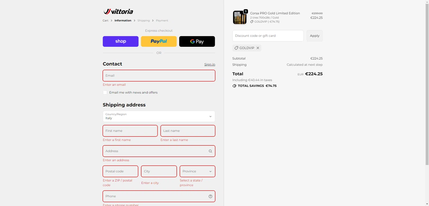 Vittoria promo code screenshot showing code GOLDVIP applied at Vittoria checkout page. Uploaded by SimplyCodes community member CrownWhiz8114 on Dec 24, 2025