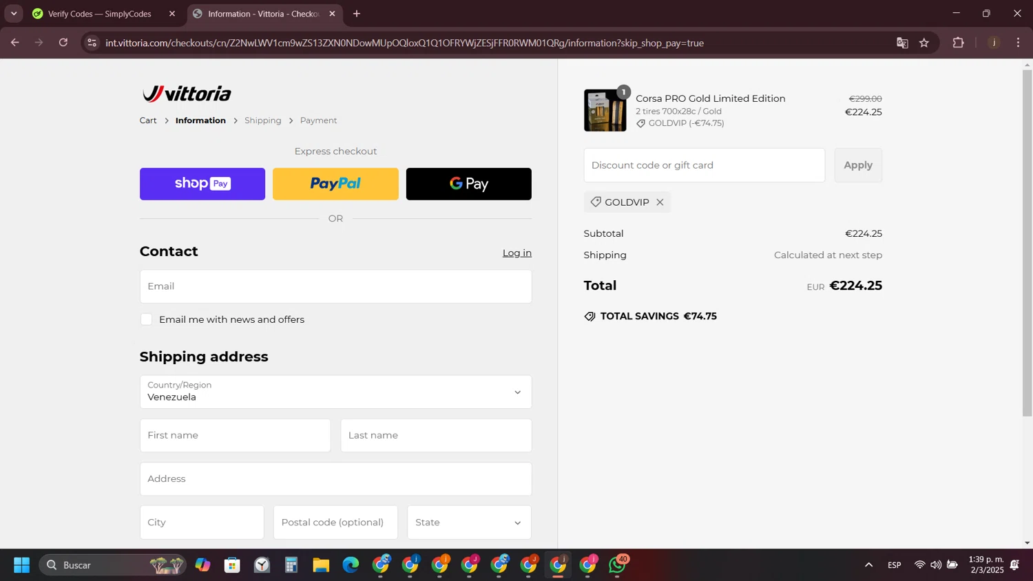 Vittoria promo code screenshot showing code GOLDVIP applied at Vittoria checkout page. Uploaded by SimplyCodes community member VictoriousVirtuoso7711 on Mar 2, 2025