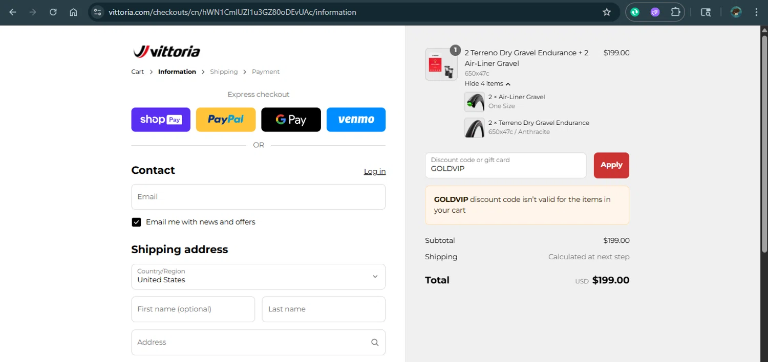 Vittoria promo code screenshot showing code GOLDVIP applied at Vittoria checkout page. Uploaded by SimplyCodes community member xAngel on Jul 30, 2025