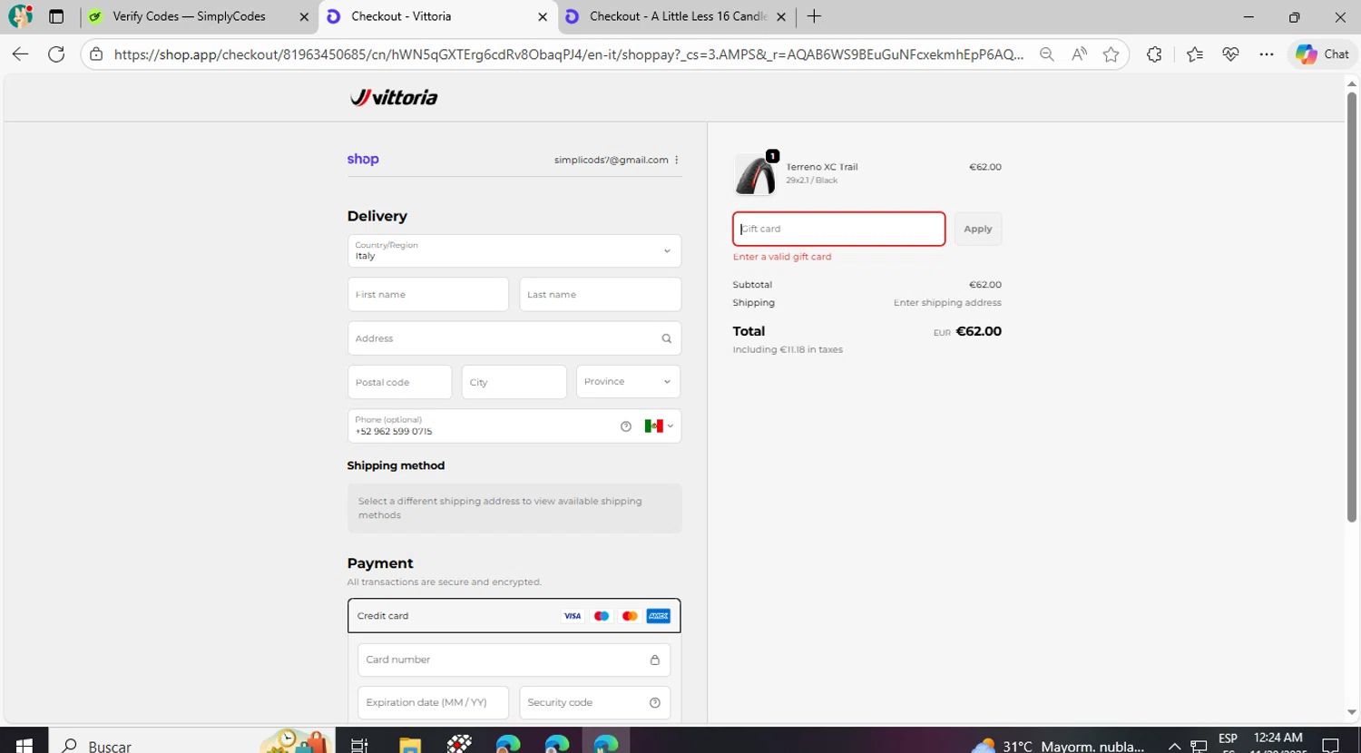 Vittoria promo code screenshot showing code VIP30-2025 applied at Vittoria checkout page. Uploaded by SimplyCodes community member CrownPilot9171 on Nov 29, 2025
