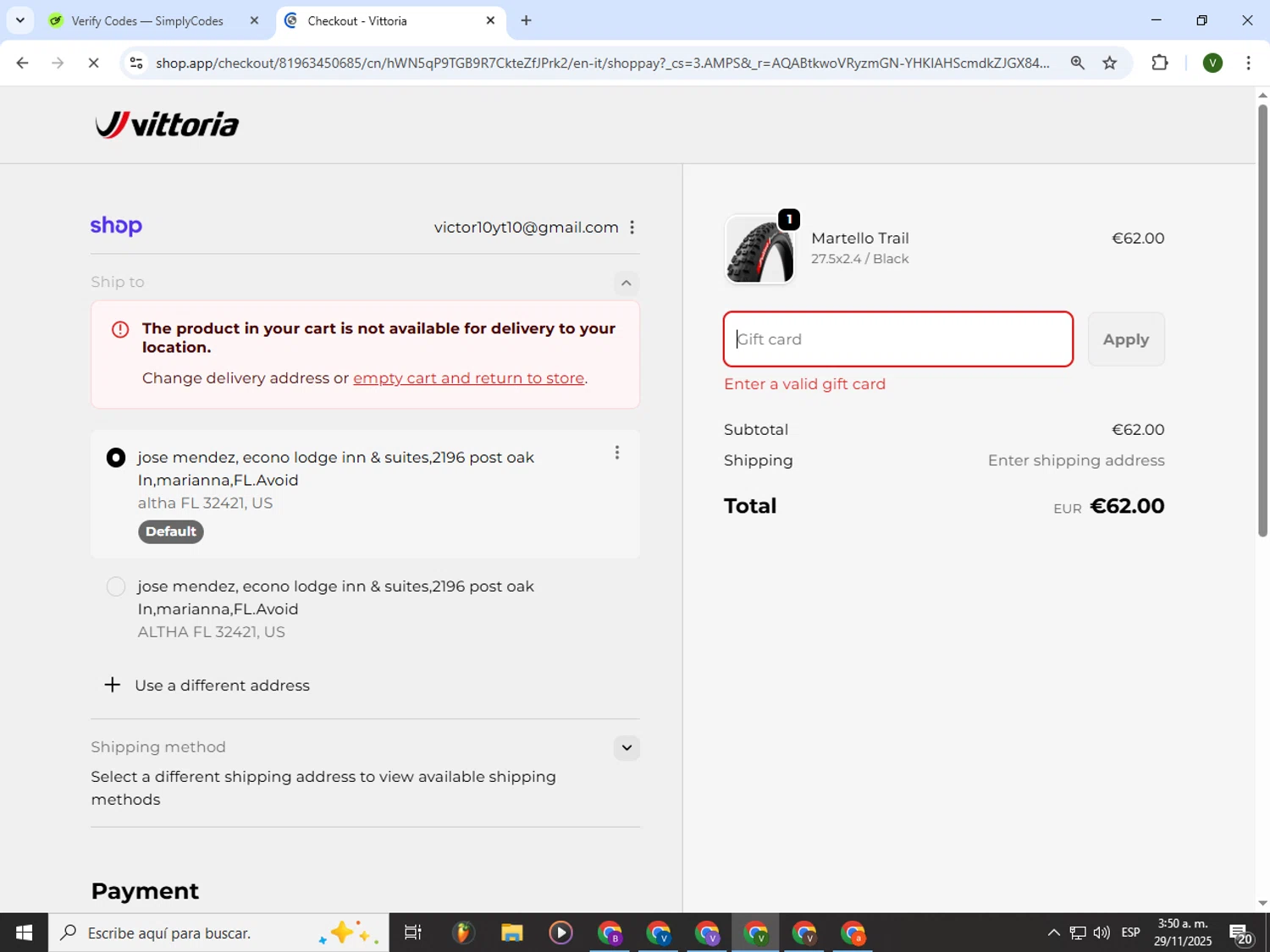 Vittoria promo code screenshot showing code VIP30-2025 applied at Vittoria checkout page. Uploaded by SimplyCodes community member PrimeWizard4168 on Nov 29, 2025