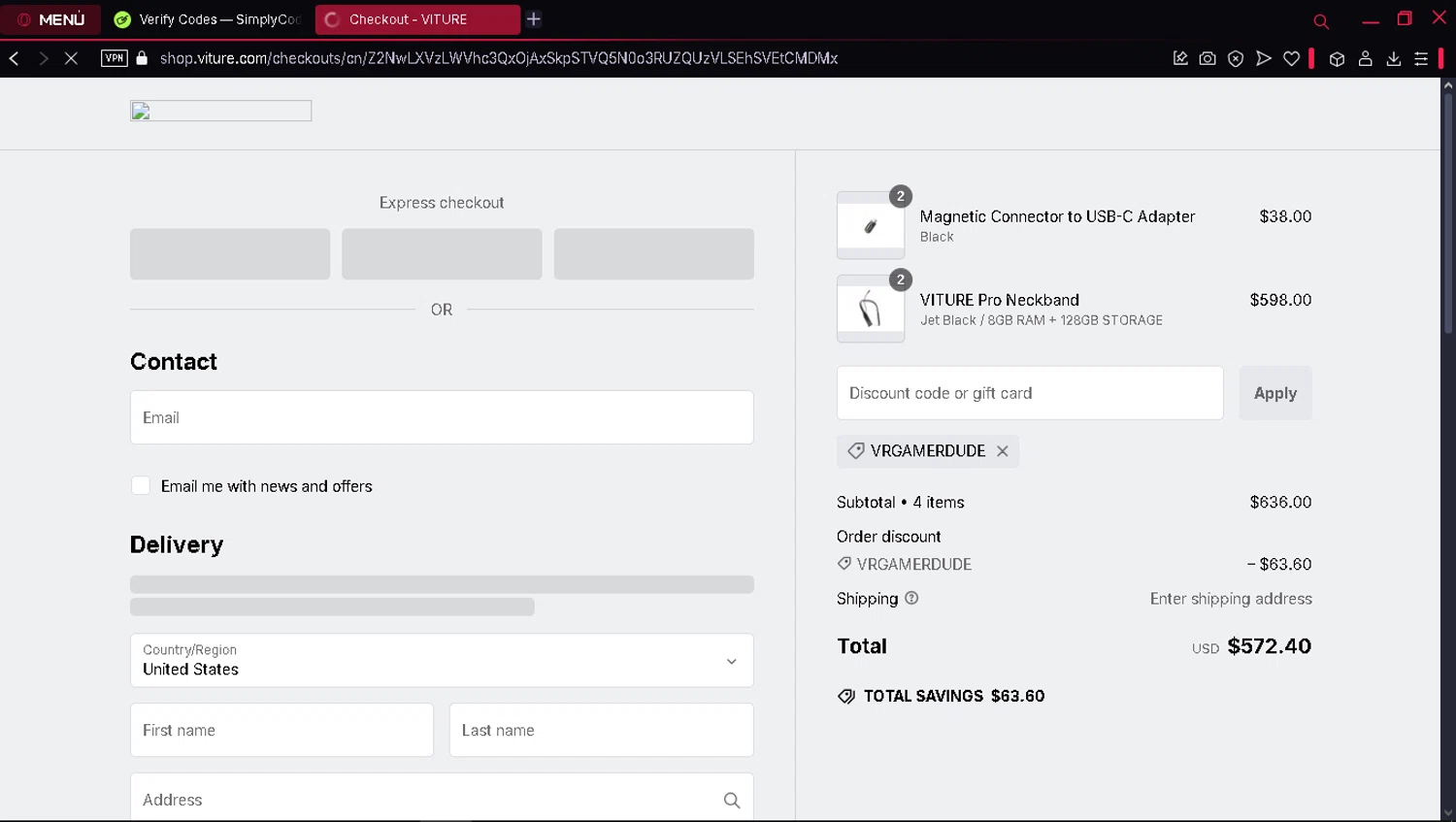 VITURE promo code screenshot showing code vrgamerdude applied at VITURE checkout page. Uploaded by SimplyCodes community member Matrixx on Jan 29, 2025