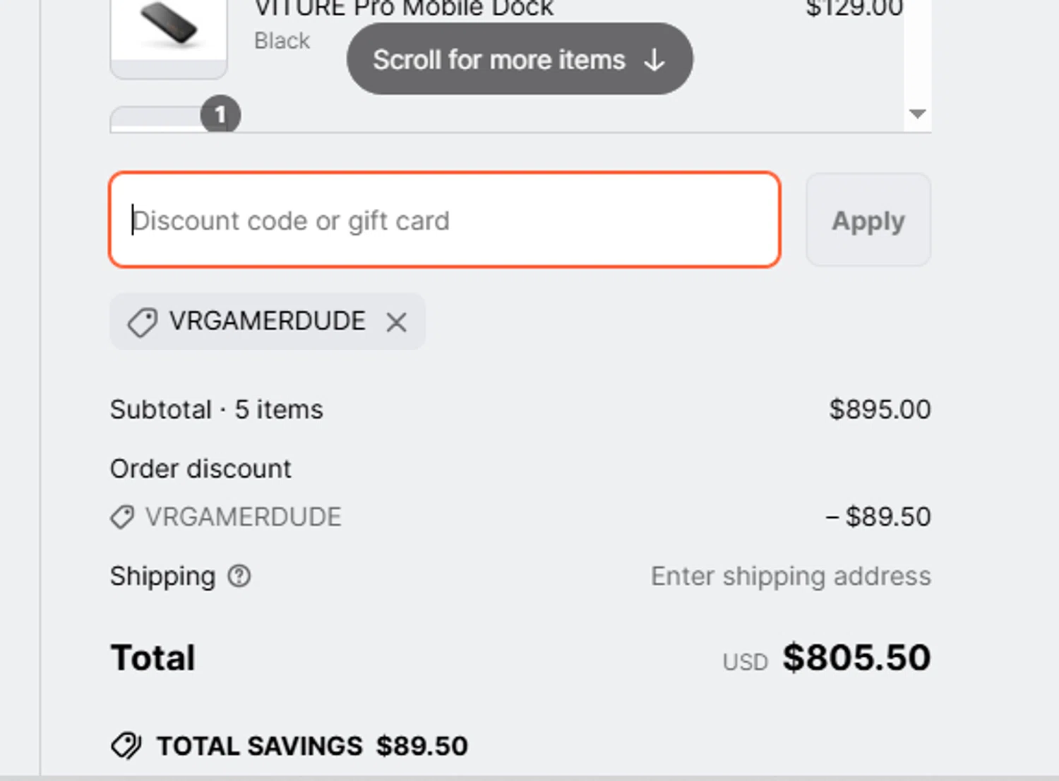 VITURE promo code screenshot showing code vrgamerdude applied at VITURE checkout page. Uploaded by SimplyCodes community member RewardCurator5232 on Mar 19, 2025