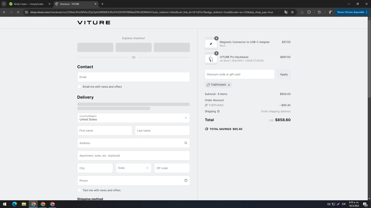 VITURE promo code screenshot showing code ThePhawx applied at VITURE checkout page. Uploaded by SimplyCodes community member TUNGTUNG on Mar 19, 2025