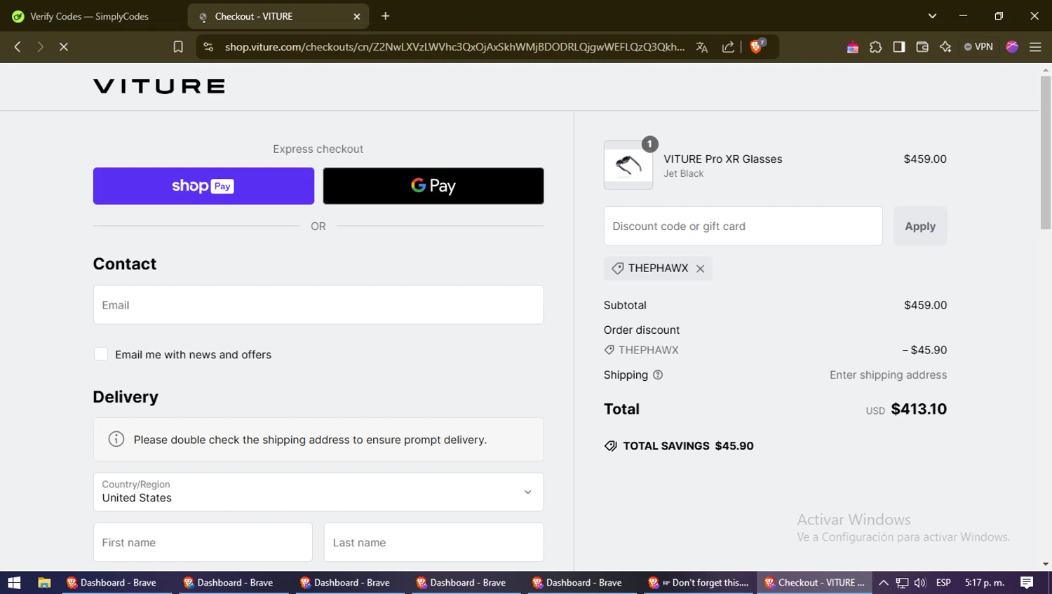 VITURE promo code screenshot showing code ThePhawx applied at VITURE checkout page. Uploaded by SimplyCodes community member monito on Jan 17, 2025