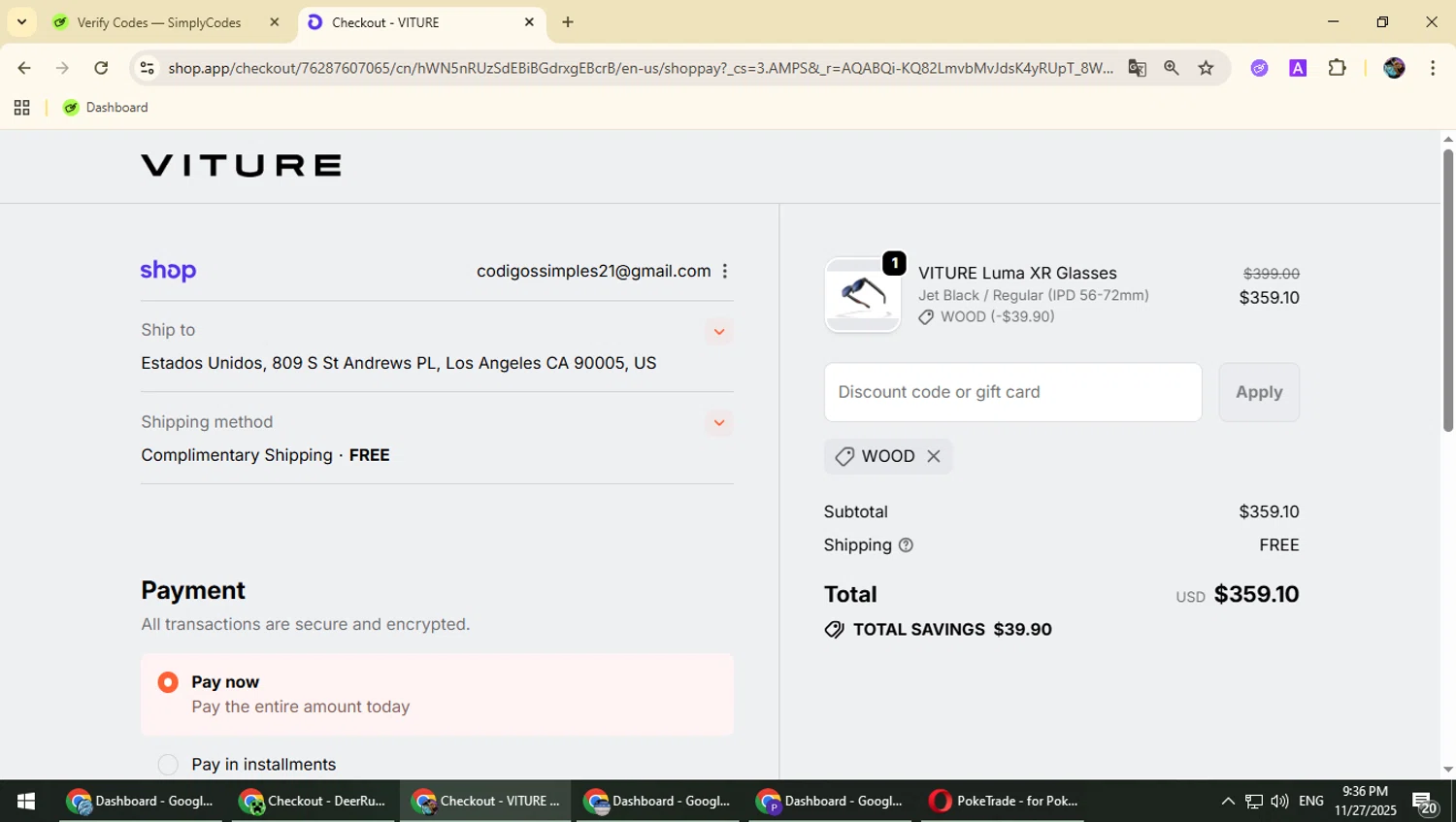 VITURE promo code screenshot showing code WOOD applied at VITURE checkout page. Uploaded by SimplyCodes community member Typhlosion on Nov 28, 2025