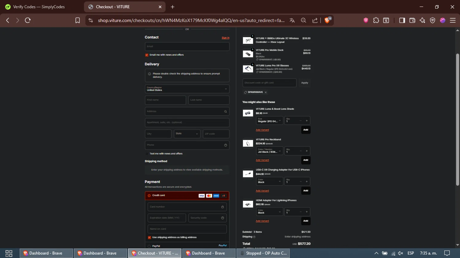 VITURE promo code screenshot showing code SPAWNWAVE applied at VITURE checkout page. Uploaded by SimplyCodes community member Alfred on Oct 21, 2025