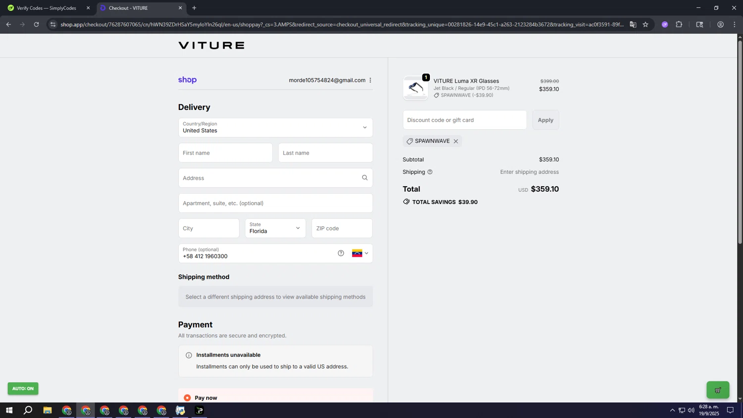 VITURE promo code screenshot showing code SPAWNWAVE applied at VITURE checkout page. Uploaded by SimplyCodes community member ooooooooooooooooooo on Sep 19, 2025