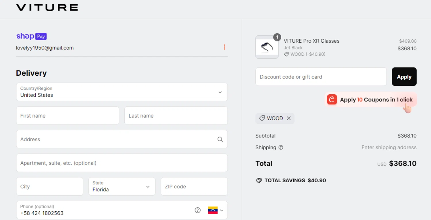 VITURE promo code screenshot showing code WOOD applied at VITURE checkout page. Uploaded by SimplyCodes community member RoYoK88 on Mar 13, 2025