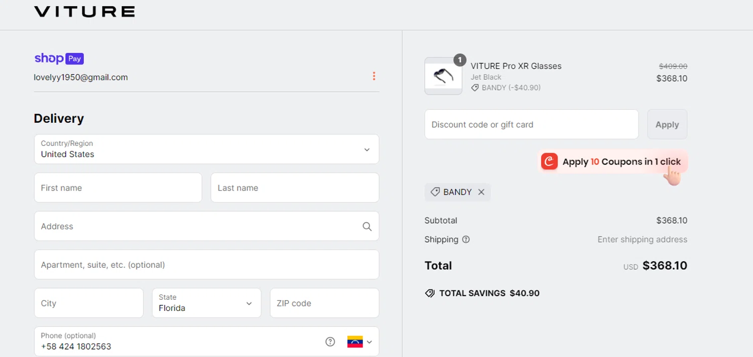 VITURE promo code screenshot showing code BANDY applied at VITURE checkout page. Uploaded by SimplyCodes community member RoYoK88 on Mar 13, 2025