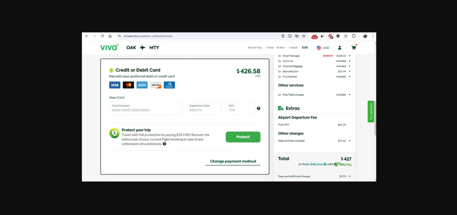 Viva Aerobus promo code screenshot showing code THANKS applied at Viva Aerobus checkout page. Uploaded by SimplyCodes community member gonzalodamole on Mar 13, 2025
