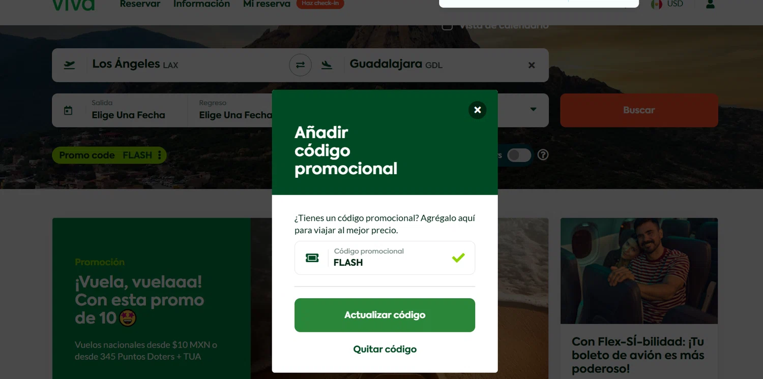 Viva Aerobus promo code screenshot showing code FLASH applied at Viva Aerobus checkout page. Uploaded by SimplyCodes community member Lioniel on Feb 22, 2025