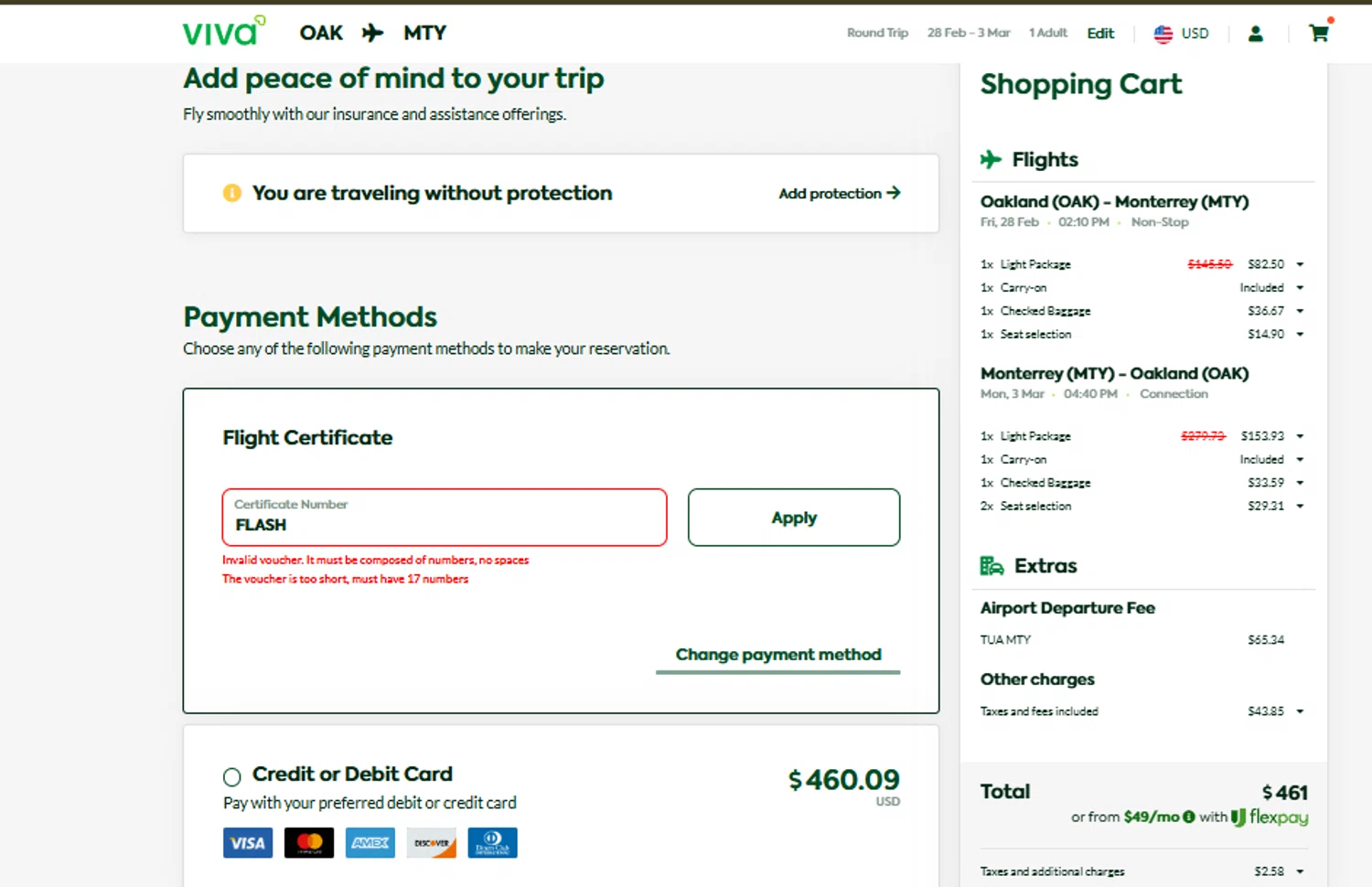 Viva Aerobus promo code screenshot showing code FLASH applied at Viva Aerobus checkout page. Uploaded by SimplyCodes community member SimplyCVerlie on Feb 25, 2025