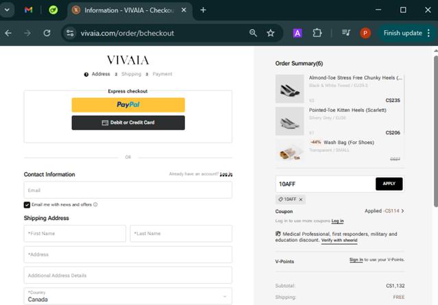 Vivaia checkout page showing Vivaia coupon code box | Screenshot taken by SimplyCodes community member on Mar 27, 2025
