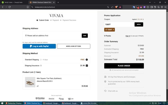 Vivaia checkout page showing Vivaia coupon code box | Screenshot taken by SimplyCodes community member on May 14, 2025