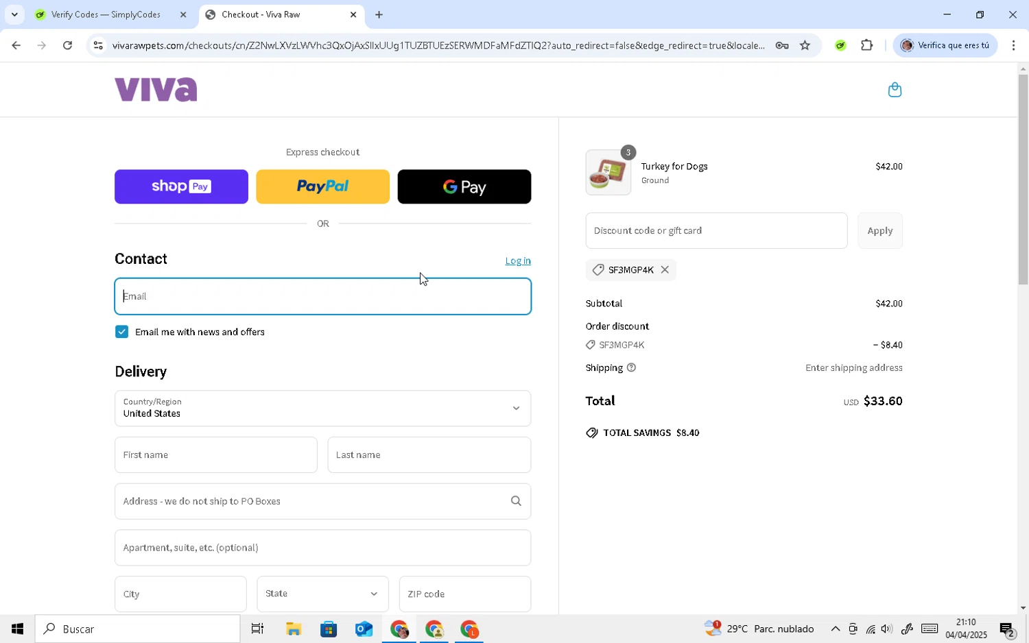 Viva Raw checkout page showing Viva Raw discount code box | Screenshot taken by SimplyCodes community member on Apr 5, 2025