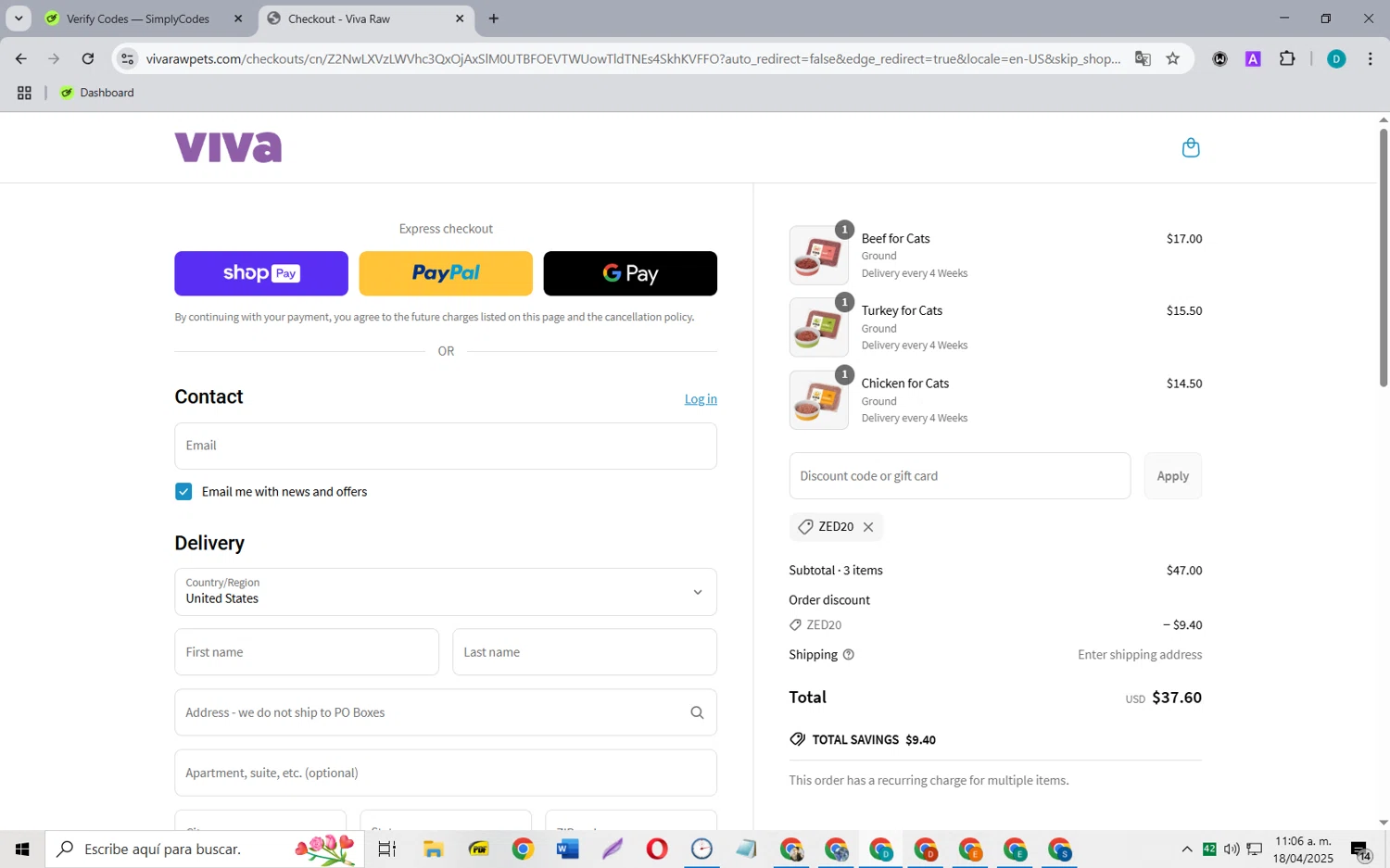 Viva Raw checkout page showing Viva Raw discount code box | Screenshot taken by SimplyCodes community member on Apr 18, 2025