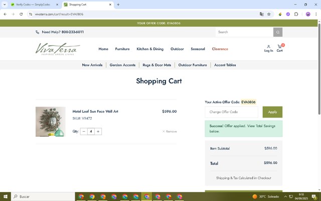 Viva Terra checkout page showing Viva Terra promo code box | Screenshot taken by SimplyCodes community member on Sep 4, 2025