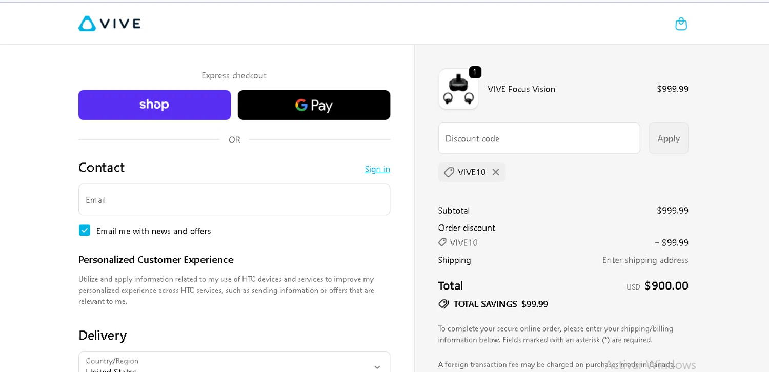 HTC VIVE promo code screenshot showing code VIVE10 applied at HTC VIVE checkout page. Uploaded by SimplyCodes community member beatrizcastillo on Jun 8, 2026