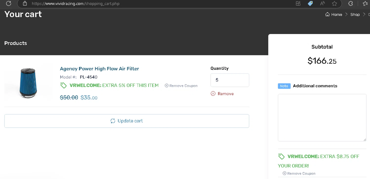 where to use Vivid Racing promo code box
