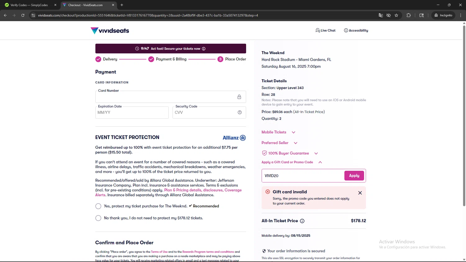 Vivid Seats promo code screenshot showing code VIVID20 applied at Vivid Seats checkout page. Uploaded by SimplyCodes community member CRF250CC on Aug 11, 2025