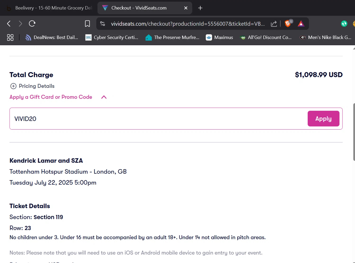 Vivid Seats promo code screenshot showing code VIVID20 applied at Vivid Seats checkout page. Uploaded by SimplyCodes community member Jeffersontorrealba on Jul 20, 2025