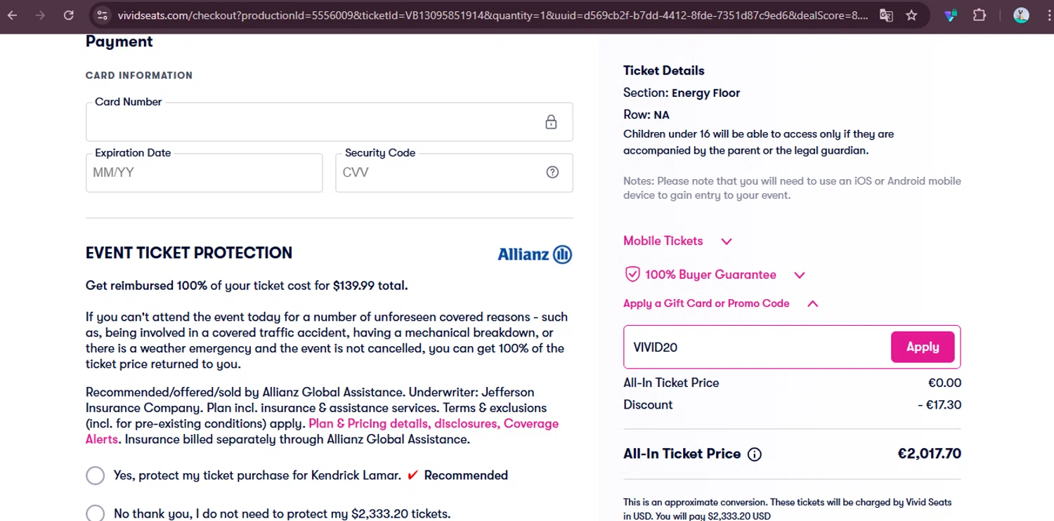 Vivid Seats promo code screenshot showing code VIVID20 applied at Vivid Seats checkout page. Uploaded by SimplyCodes community member elgatobravo on Jul 30, 2025