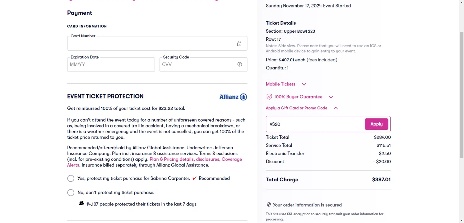 where to use Vivid Seats promo code box