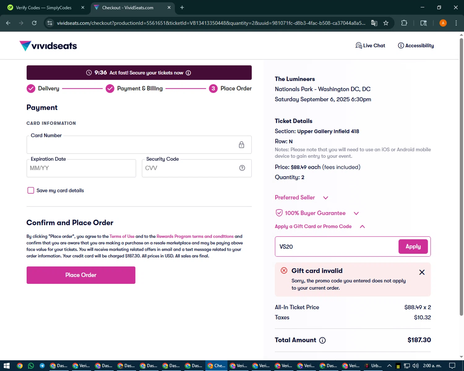 Vivid Seats promo code screenshot showing code VS20 applied at Vivid Seats checkout page. Uploaded by SimplyCodes community member MoneyPhoenix4664 on Aug 29, 2025