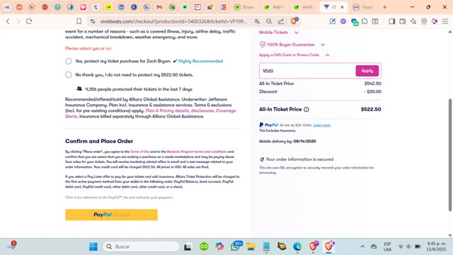 Vivid Seats checkout page showing Vivid Seats promo code box | Screenshot taken by SimplyCodes community member on Aug 12, 2025