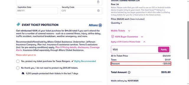 Vivid Seats checkout page showing Vivid Seats promo code box | Screenshot taken by SimplyCodes community member on Aug 16, 2025