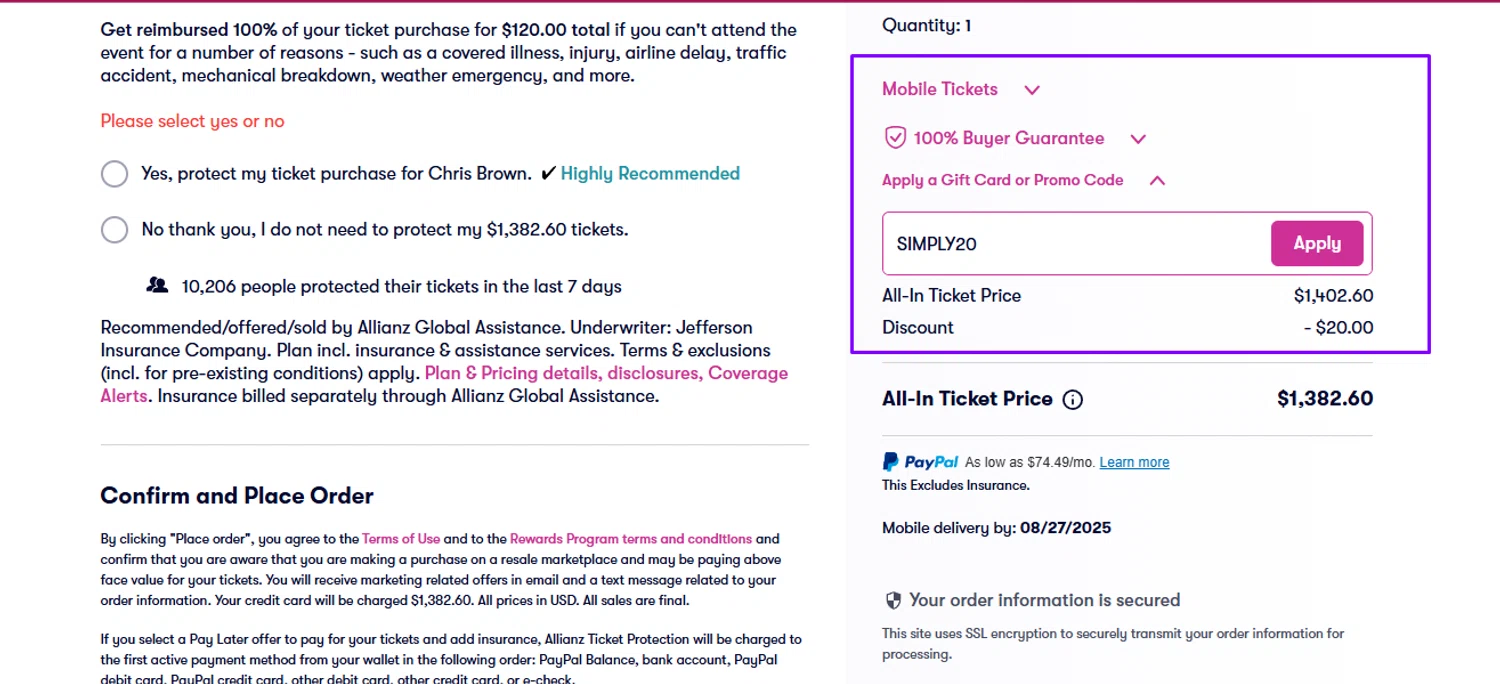 Vivid Seats promo code screenshot showing code SIMPLY20 applied at Vivid Seats checkout page. Uploaded by SimplyCodes community member Swiftdealz on Aug 27, 2025