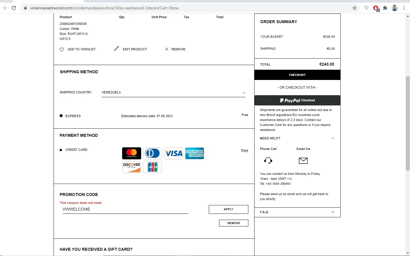 Vivienne Westwood checkout page showing Vivienne Westwood promo code box | Screenshot taken by SimplyCodes community member on May 4, 2021
