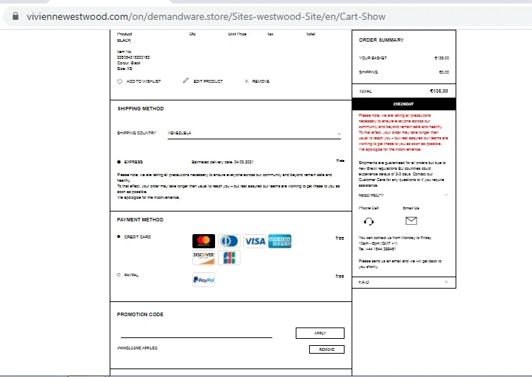 Vivienne Westwood checkout page showing Vivienne Westwood promo code box | Screenshot taken by SimplyCodes community member on Feb 28, 2021