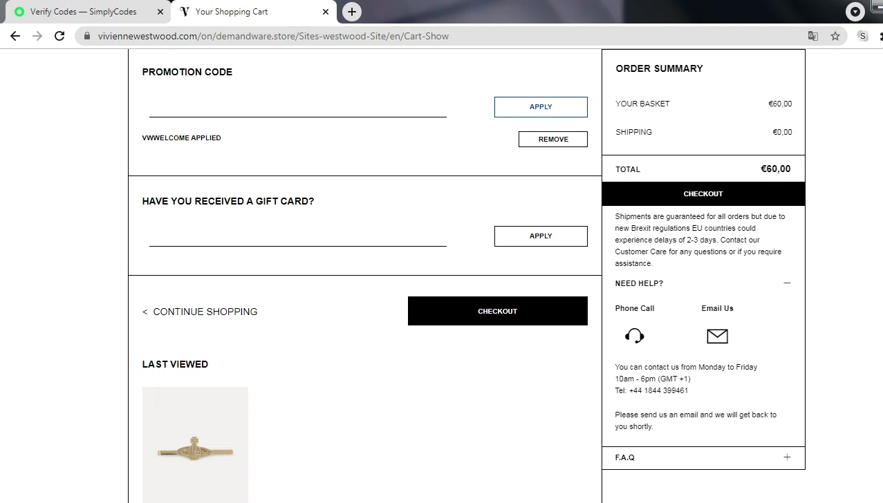 Vivienne Westwood checkout page showing Vivienne Westwood promo code box | Screenshot taken by SimplyCodes community member on Apr 13, 2021