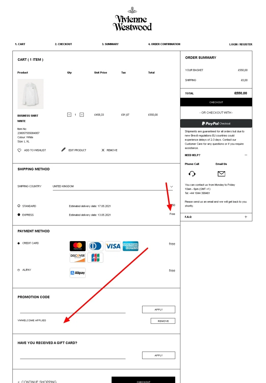 Vivienne Westwood checkout page showing Vivienne Westwood promo code box | Screenshot taken by SimplyCodes community member on May 11, 2021