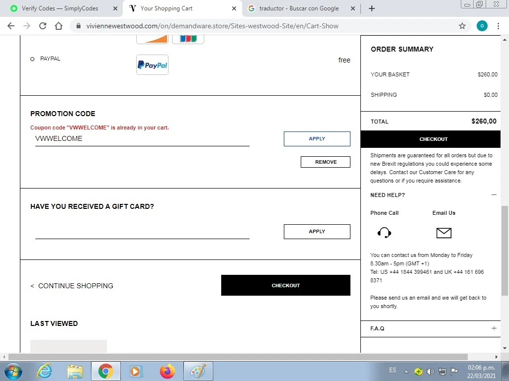 Vivienne Westwood checkout page showing Vivienne Westwood promo code box | Screenshot taken by SimplyCodes community member on Mar 22, 2021