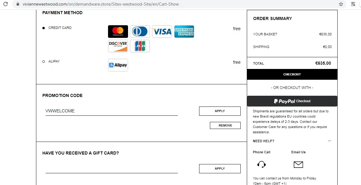 Vivienne Westwood checkout page showing Vivienne Westwood promo code box | Screenshot taken by SimplyCodes community member on May 25, 2021