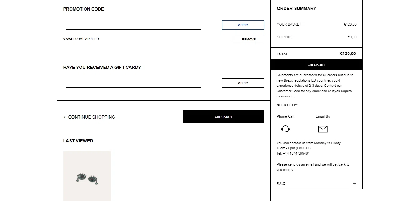 Vivienne Westwood checkout page showing Vivienne Westwood promo code box | Screenshot taken by SimplyCodes community member on Mar 8, 2021