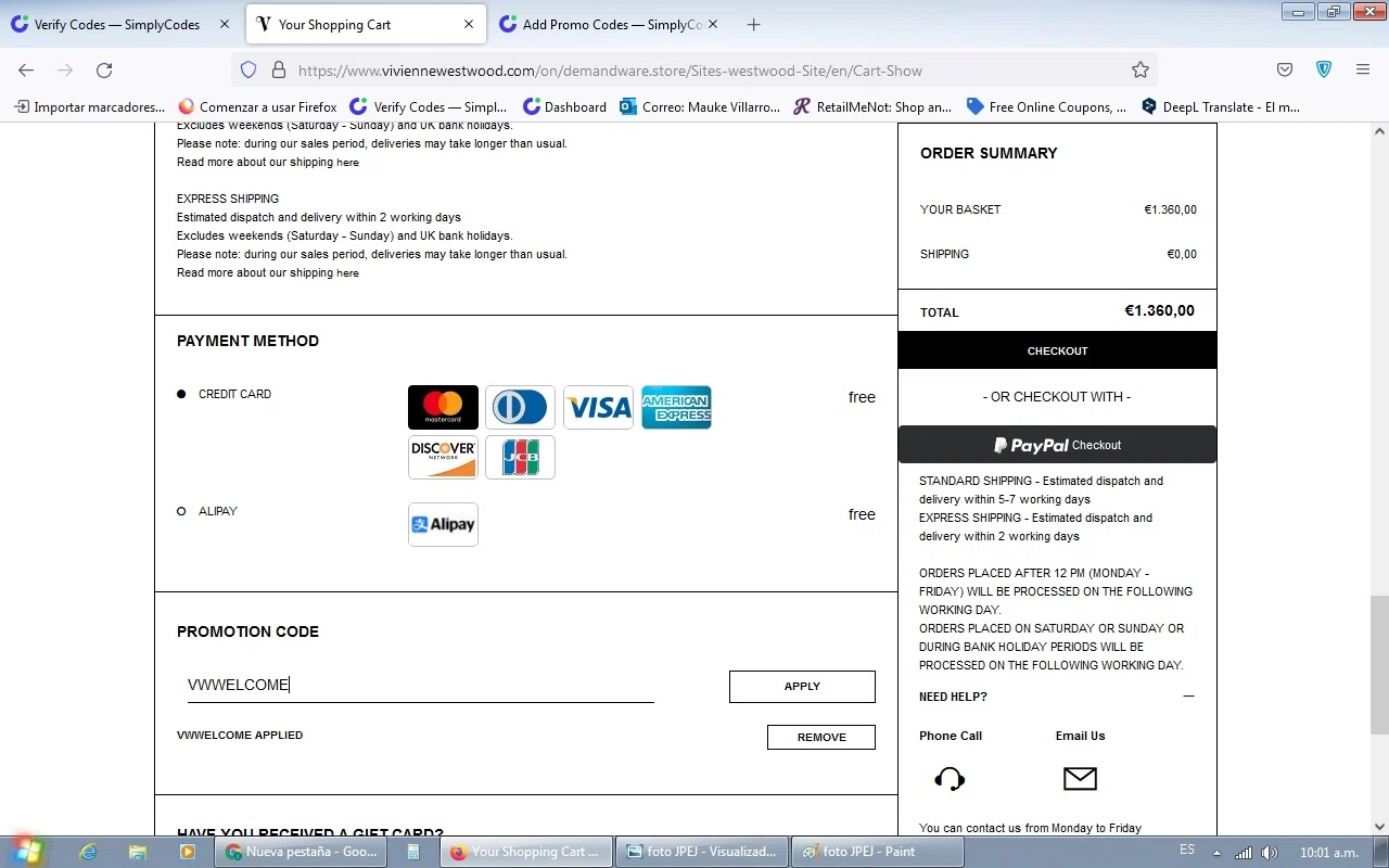 Vivienne Westwood checkout page showing Vivienne Westwood promo code box | Screenshot taken by SimplyCodes community member on Mar 3, 2022