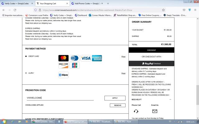 Vivienne Westwood checkout page showing Vivienne Westwood promo code box | Screenshot taken by SimplyCodes community member on Mar 3, 2022