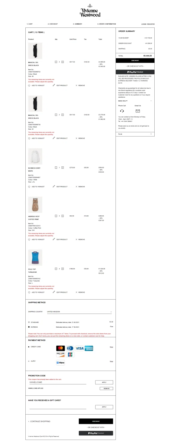 Vivienne Westwood checkout page showing Vivienne Westwood promo code box | Screenshot taken by SimplyCodes community member on Jun 15, 2021