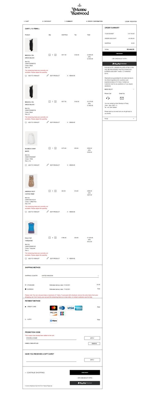 Vivienne Westwood checkout page showing Vivienne Westwood promo code box | Screenshot taken by SimplyCodes community member on Jun 15, 2021