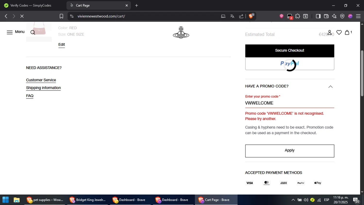 Vivienne Westwood promo code screenshot showing code VWWELCOME applied at Vivienne Westwood checkout page. Uploaded by SimplyCodes community member Cynoxx on Jul 21, 2025