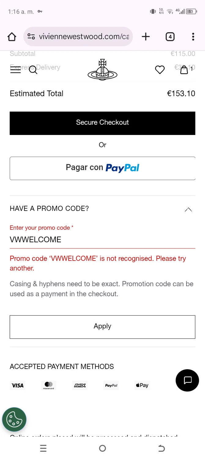 Vivienne Westwood promo code screenshot showing code VWWELCOME applied at Vivienne Westwood checkout page. Uploaded by SimplyCodes community member jesuscondez on Jul 21, 2025