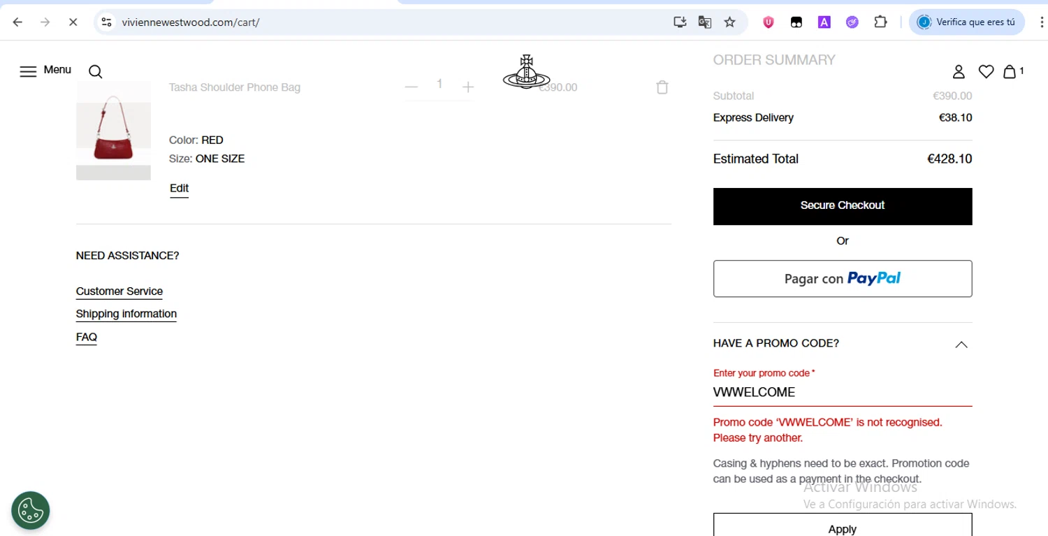Vivienne Westwood promo code screenshot showing code VWWELCOME applied at Vivienne Westwood checkout page. Uploaded by SimplyCodes community member yhlmdlgn on Jul 21, 2025