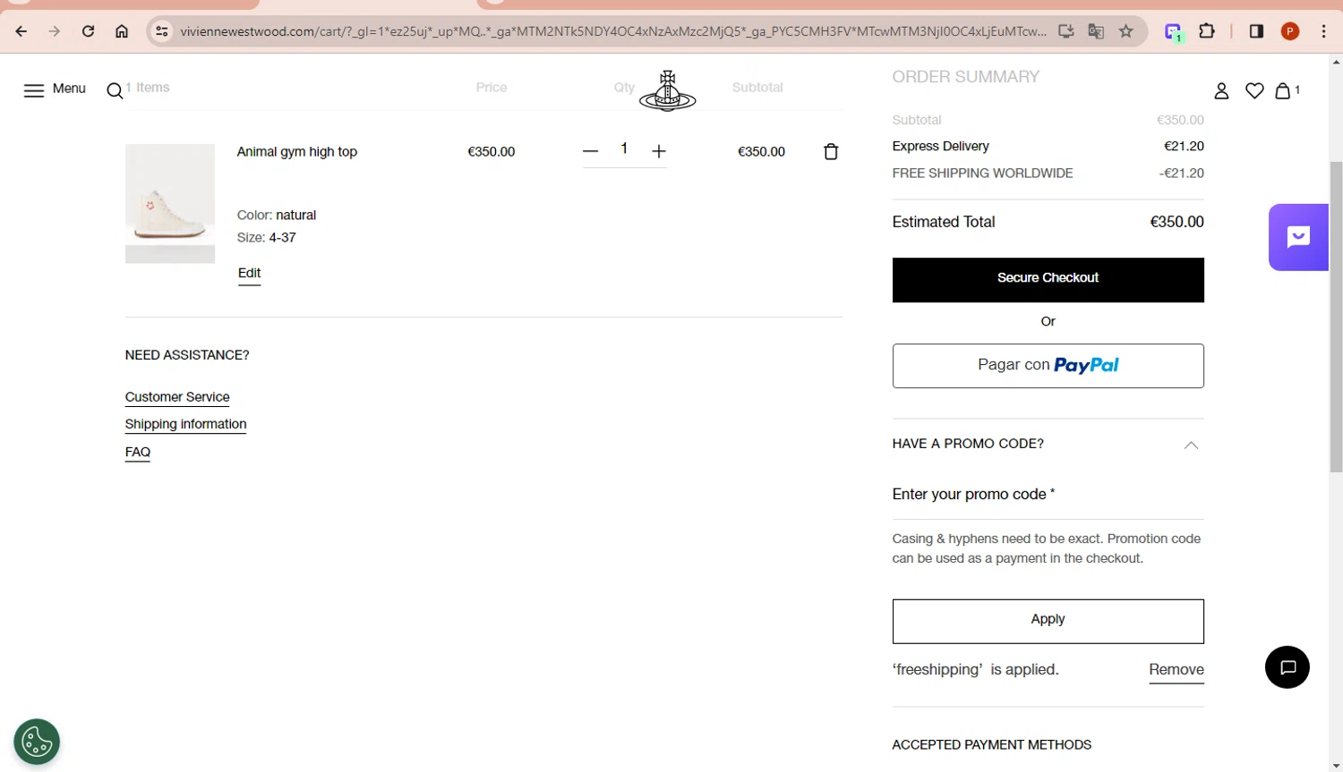 Vivienne Westwood checkout page showing Vivienne Westwood promo code box | Screenshot taken by SimplyCodes community member on Nov 30, 2023