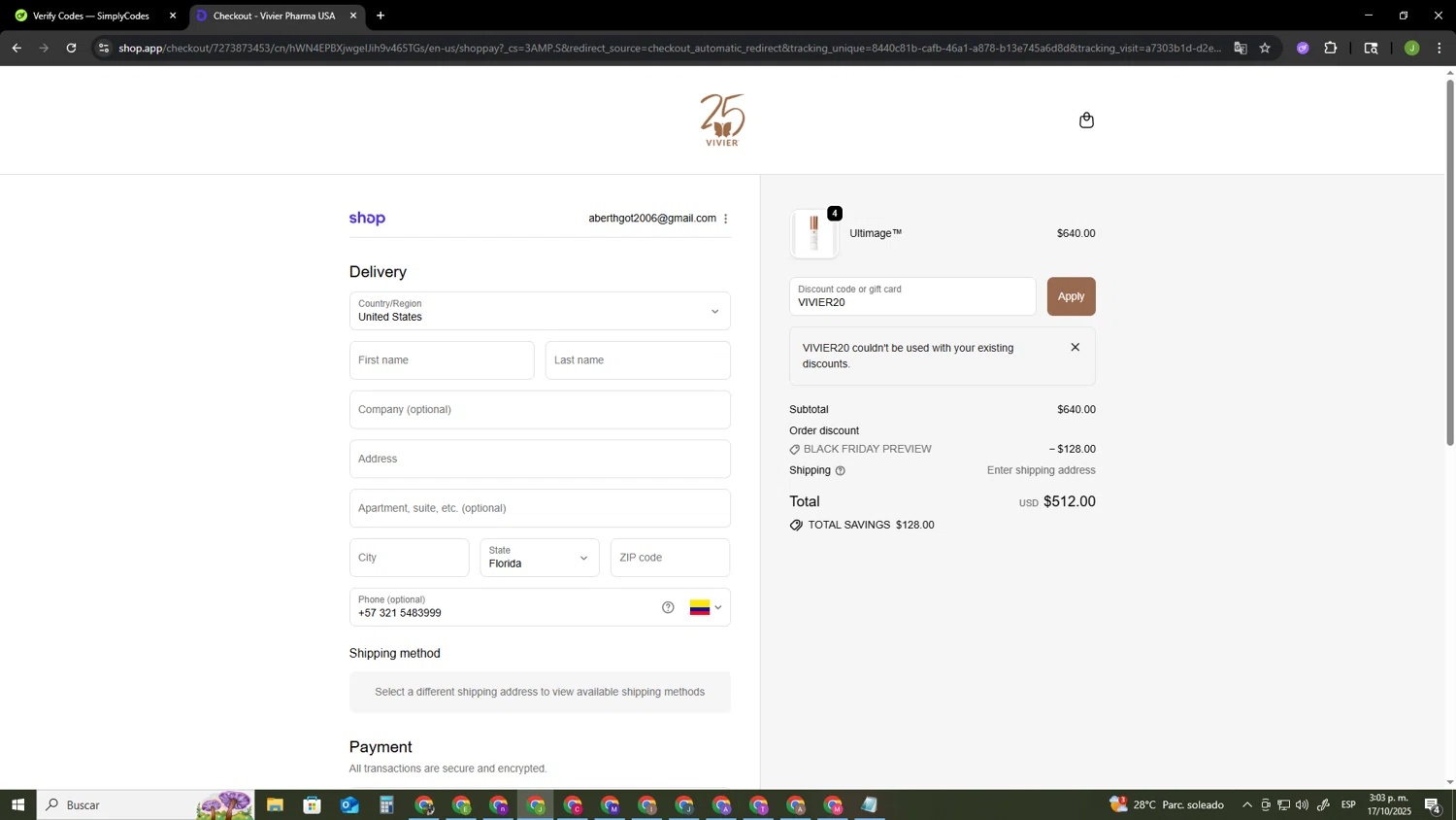 Vivier Skin discount code screenshot showing code VIVIER20 applied at Vivier Skin checkout page. Uploaded by SimplyCodes community member SAIKOO on Oct 17, 2025