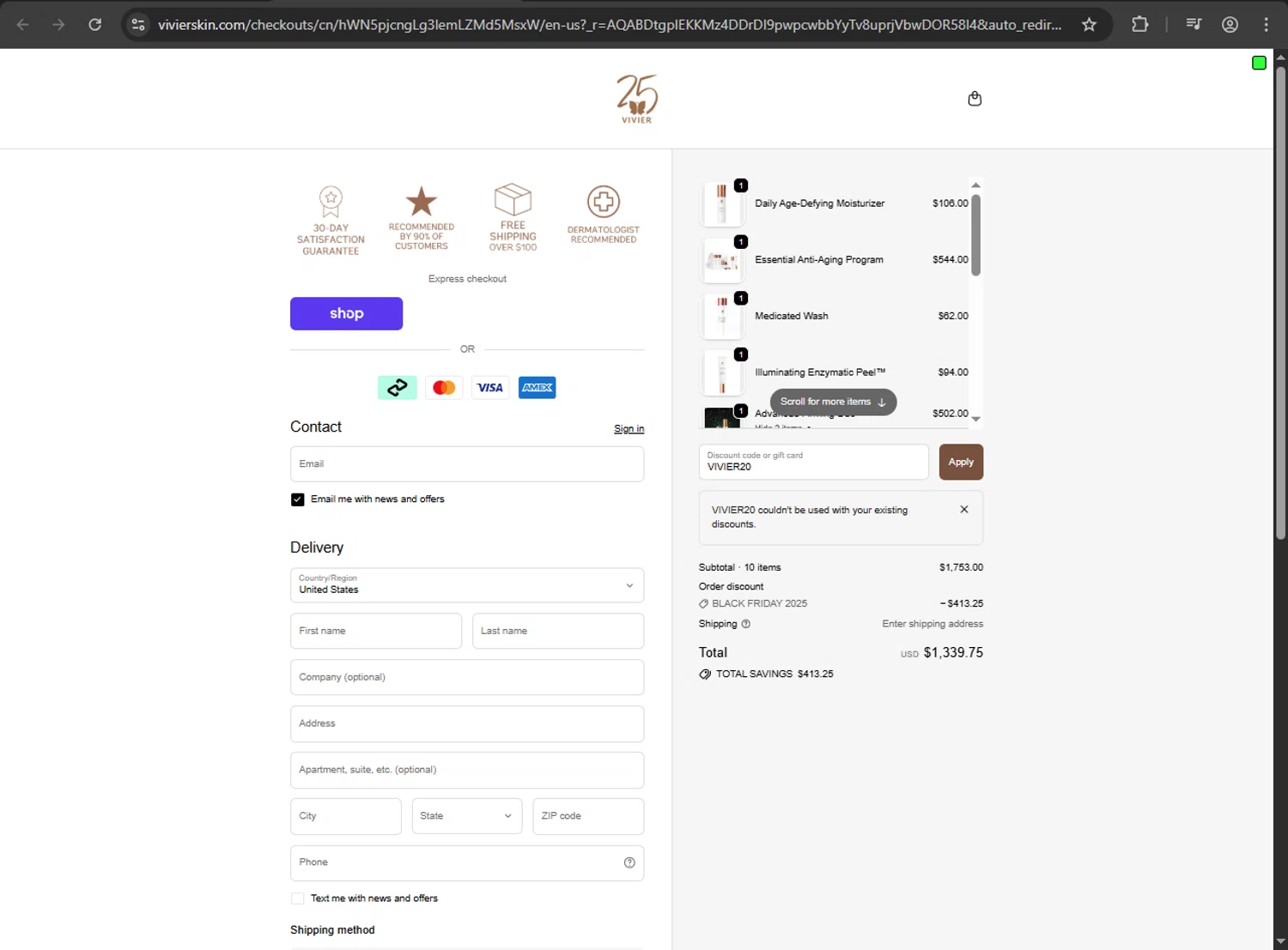 Vivier Skin discount code screenshot showing code VIVIER20 applied at Vivier Skin checkout page. Uploaded by SimplyCodes community member ValiantFox2134 on Nov 29, 2025